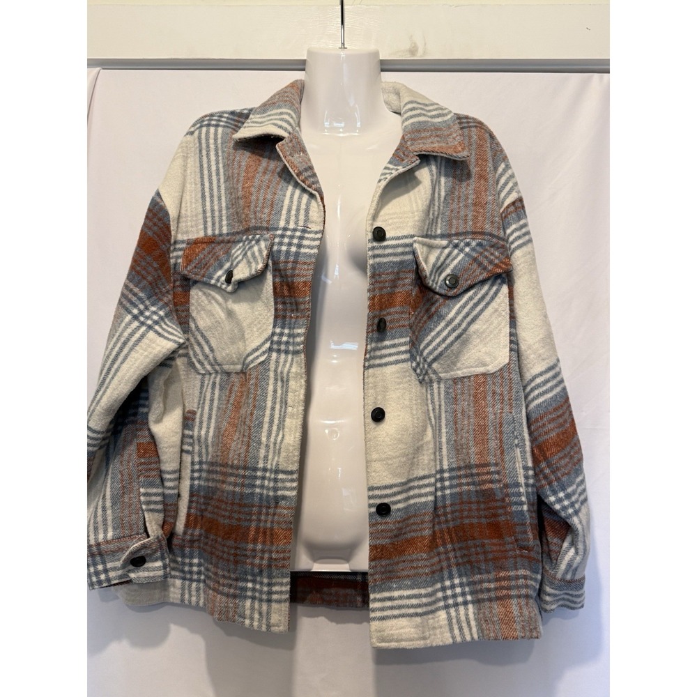 Canyon Creek Womens L Plaid Shacket Snap Front Overshirt Jacket Blue Rust